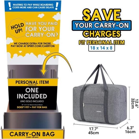 For Spirit Airlines Personal Item Bag 18x14x8 Foldable Travel Duffel Bag Tote - Picture 2 of 7